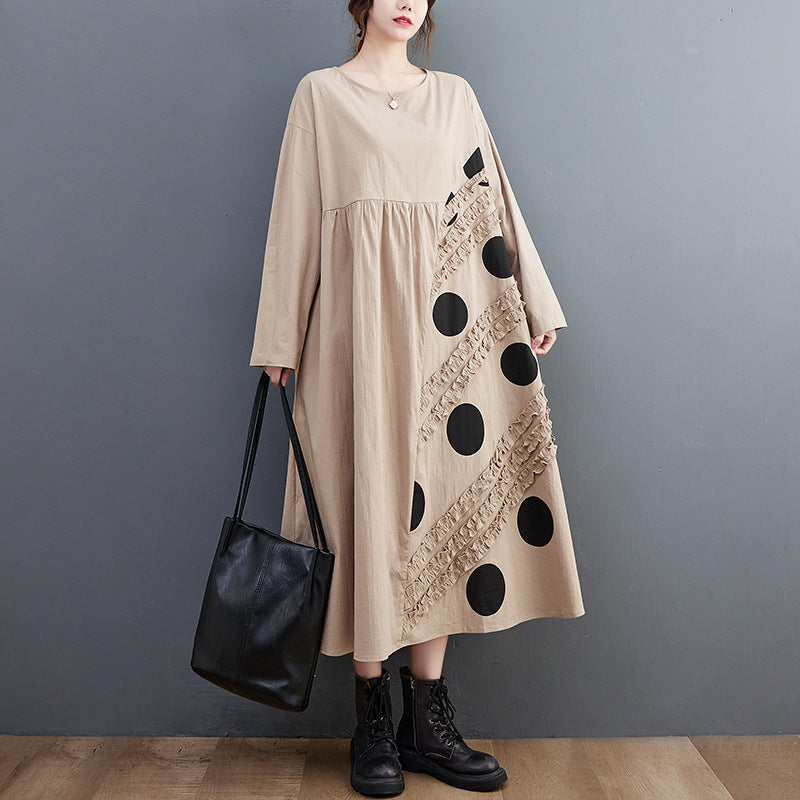 Vintage Dot Print Plus Sizes Long Dresses-Dresses-Khaki-One Size-Free Shipping at meselling99