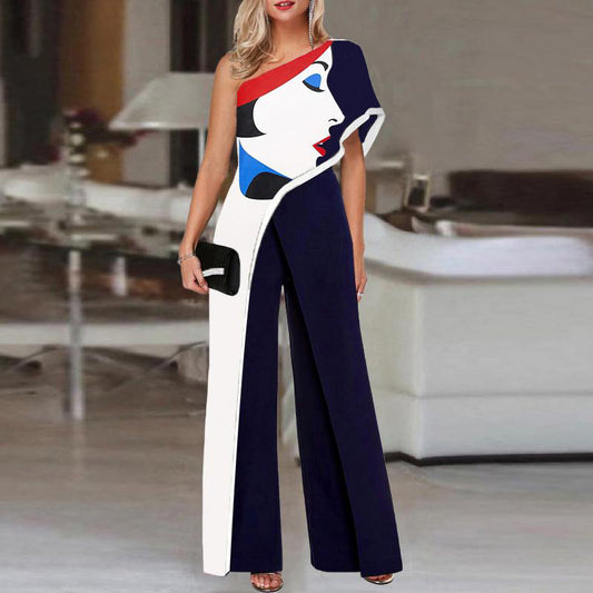 Women Abstract Face One Shoulder Jumpsuits-Jumpsuits-Free Shipping at meselling99
