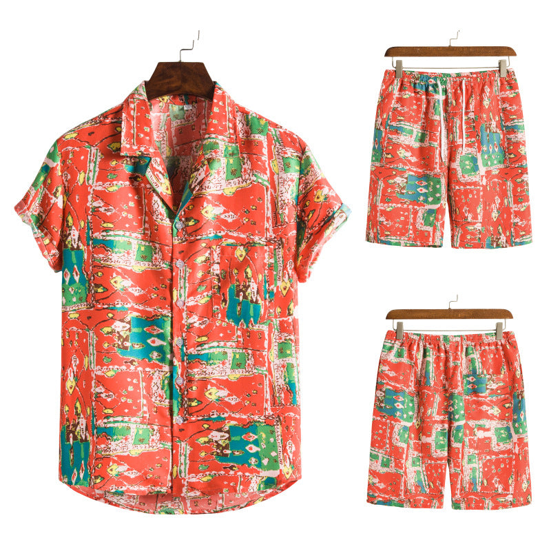 Summer Hawaii Floral Men‘s Beach Sets-Suits-TZ02-Red-M-Free Shipping at meselling99