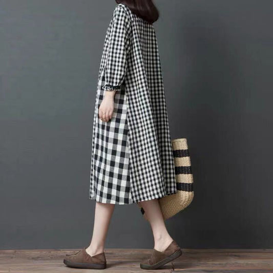 Vintage Plaid Long Sleeves Midi Dresses-Dresses-Free Shipping at meselling99