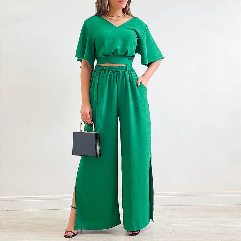 Casual Summer Wide Legs Women Suits-Suits-Dark Green-S-Free Shipping at meselling99