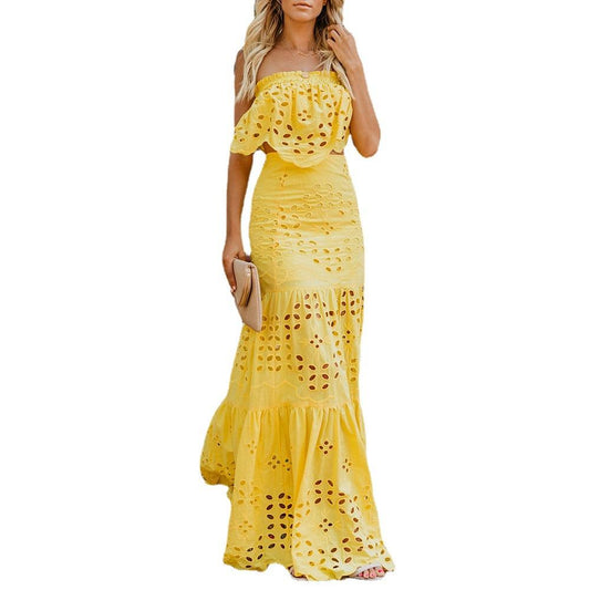 Yellow Off The Shoulder Sexy Strapless Dresses-Maxi Dresses-Free Shipping at meselling99