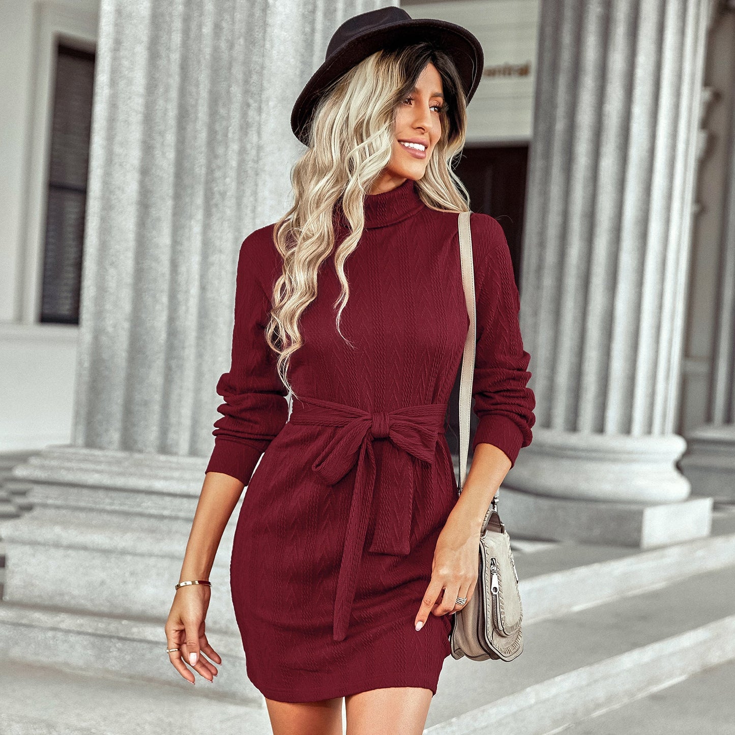 Fashion High Neck Knitted Short Dresses-Dresses-Wine Red-S-Free Shipping at meselling99