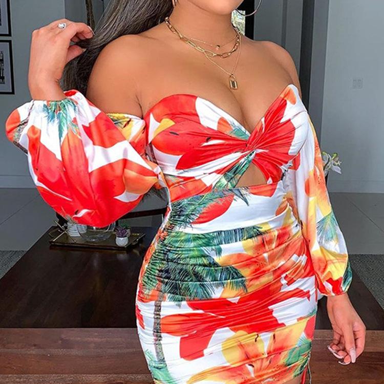 Sexy Long Sleeves One Shoulder Floral Print Mini Short Dresses-Sexy Dresses-Free Shipping at meselling99