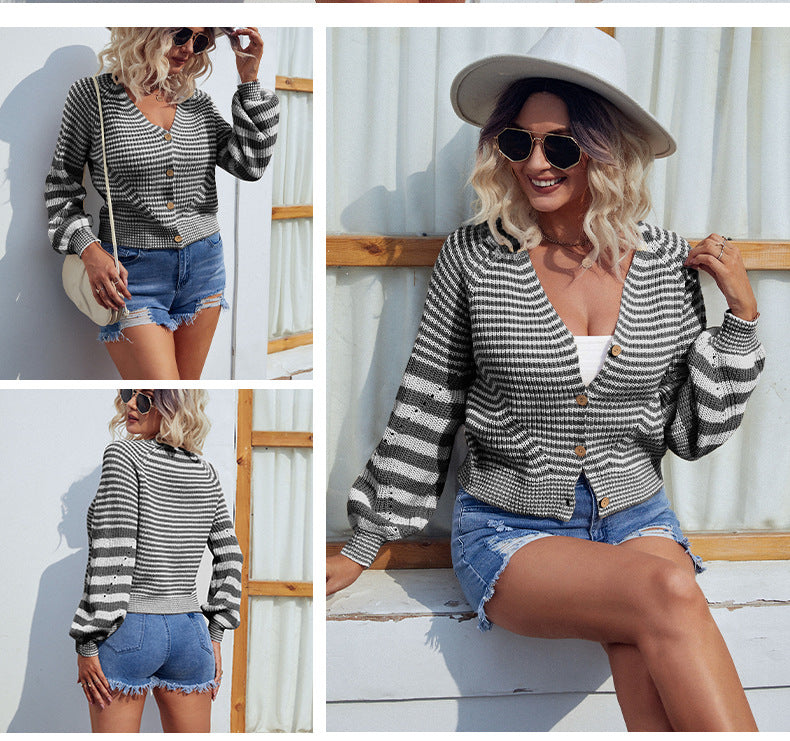 Casual Fall Knitted Striped Cardigan Coats for Women-Shirts & Tops-Free Shipping at meselling99
