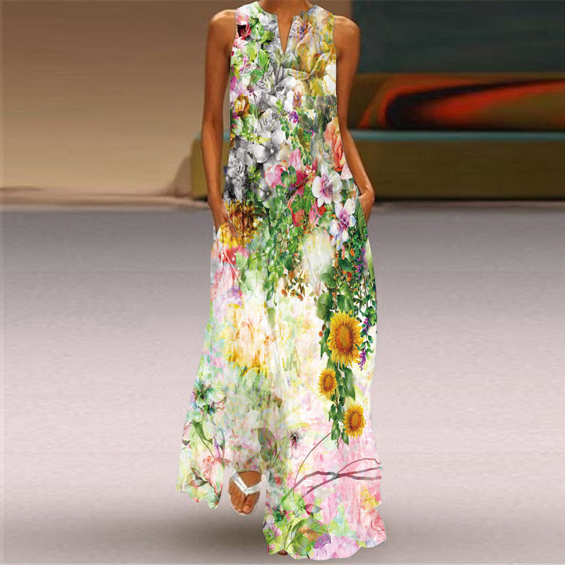 Summer Sunflower Boho Long Sleeveless Dresses-Dresses-VLCQ-72-S-Free Shipping at meselling99