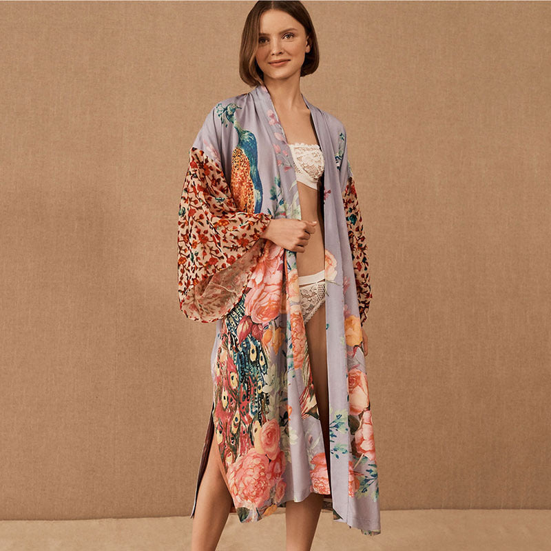 Peacock Print Kimono Beachwear Cover Ups-Light Purple-One Size-Free Shipping at meselling99