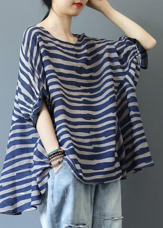 Organic Blue Striped Blouse Loose T-Shirts Round Neck-short sleeved tops-Free Shipping at meselling99