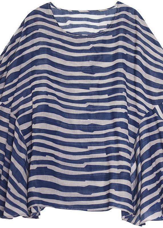 Organic Blue Striped Blouse Loose T-Shirts Round Neck-short sleeved tops-Free Shipping at meselling99