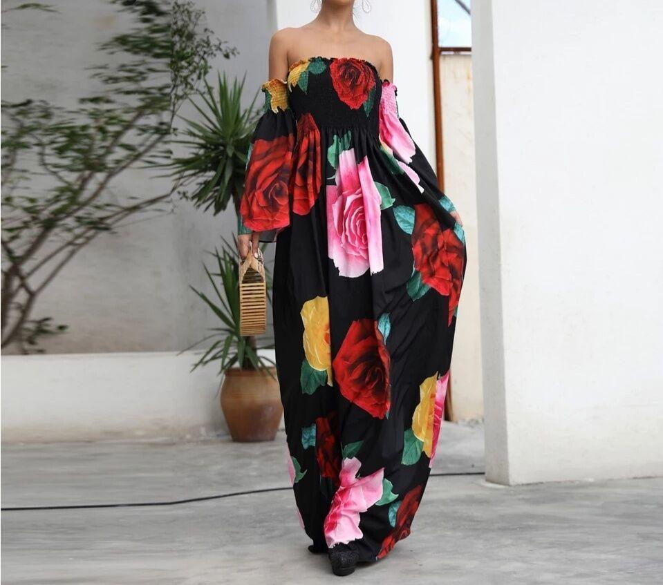 Meselling99 Black Rose Floral Strapless Off Shoulder Sleeve Big Hem Long Dress-Maxi Dresses-Free Shipping at meselling99
