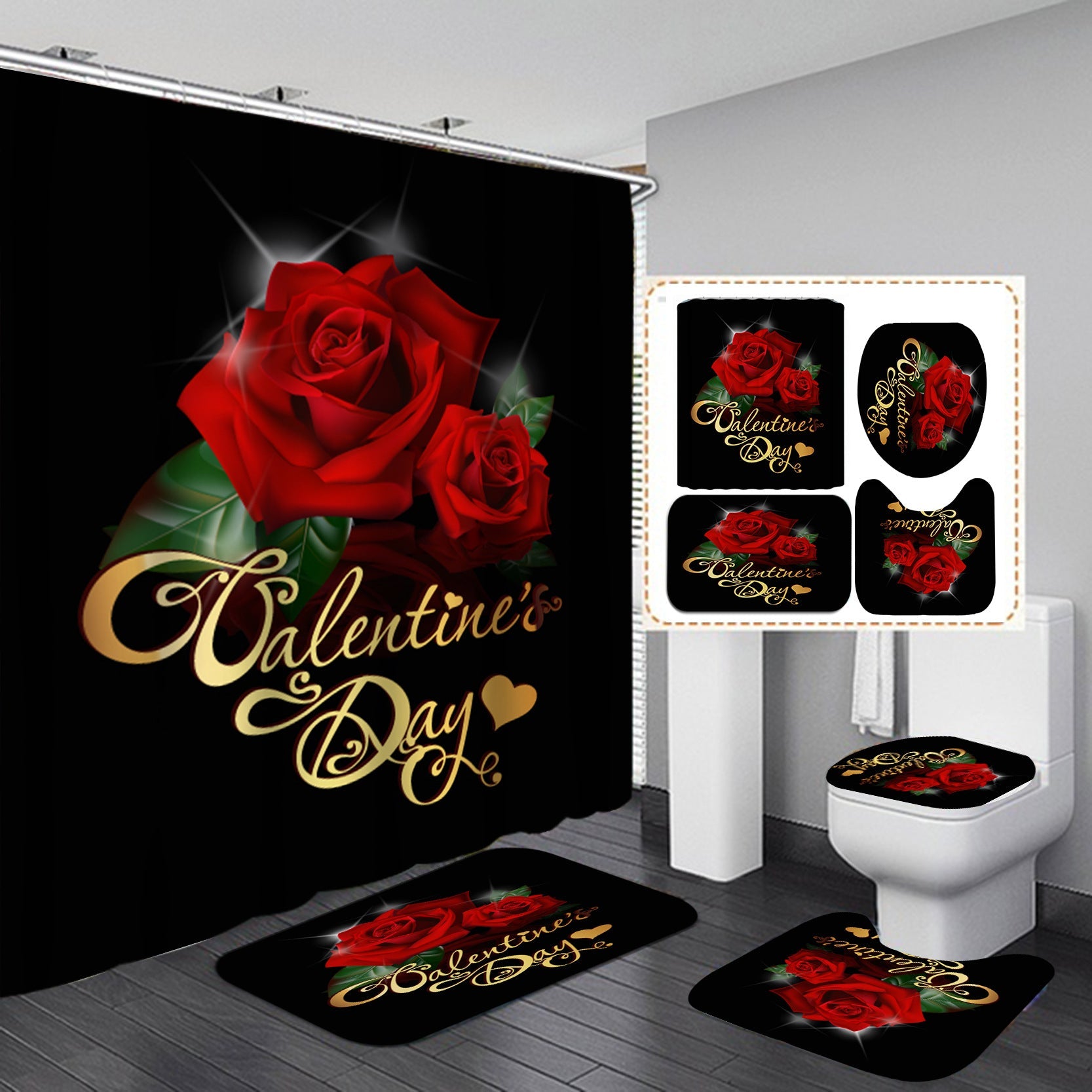Valentine's 3D Rose Print Shower Curtain Sets with Rug-Shower Curtain+3Pcs Mat-Free Shipping at meselling99