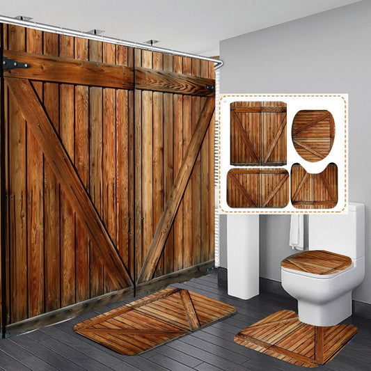 Vintage Wooden Door Design Shower Curtain Bathroom SetsNon-Slip Toilet Lid Cover-Shower Curtain-180×180cm Shower Curtain Only-1-Free Shipping at meselling99