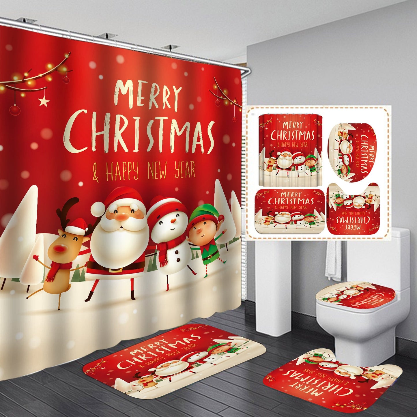 Happy Merry Christmas Shower Curtain Bathroom Sets Non-Slip Toilet Lid Cover-Shower Curtain-Free Shipping at meselling99