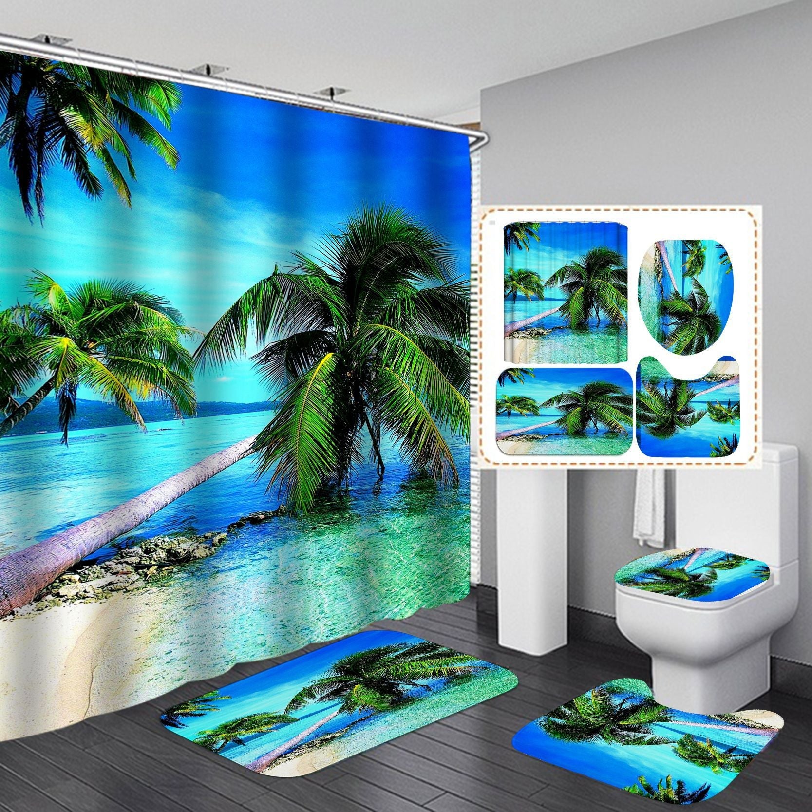 Seaside& 3D Palm Tree Shower Curtain Set Bathroom Rug Bath Mat Non-Slip Toilet Lid Cover-Shower Curtains-A-Shower Curtain+3Pcs Mat-Free Shipping at meselling99