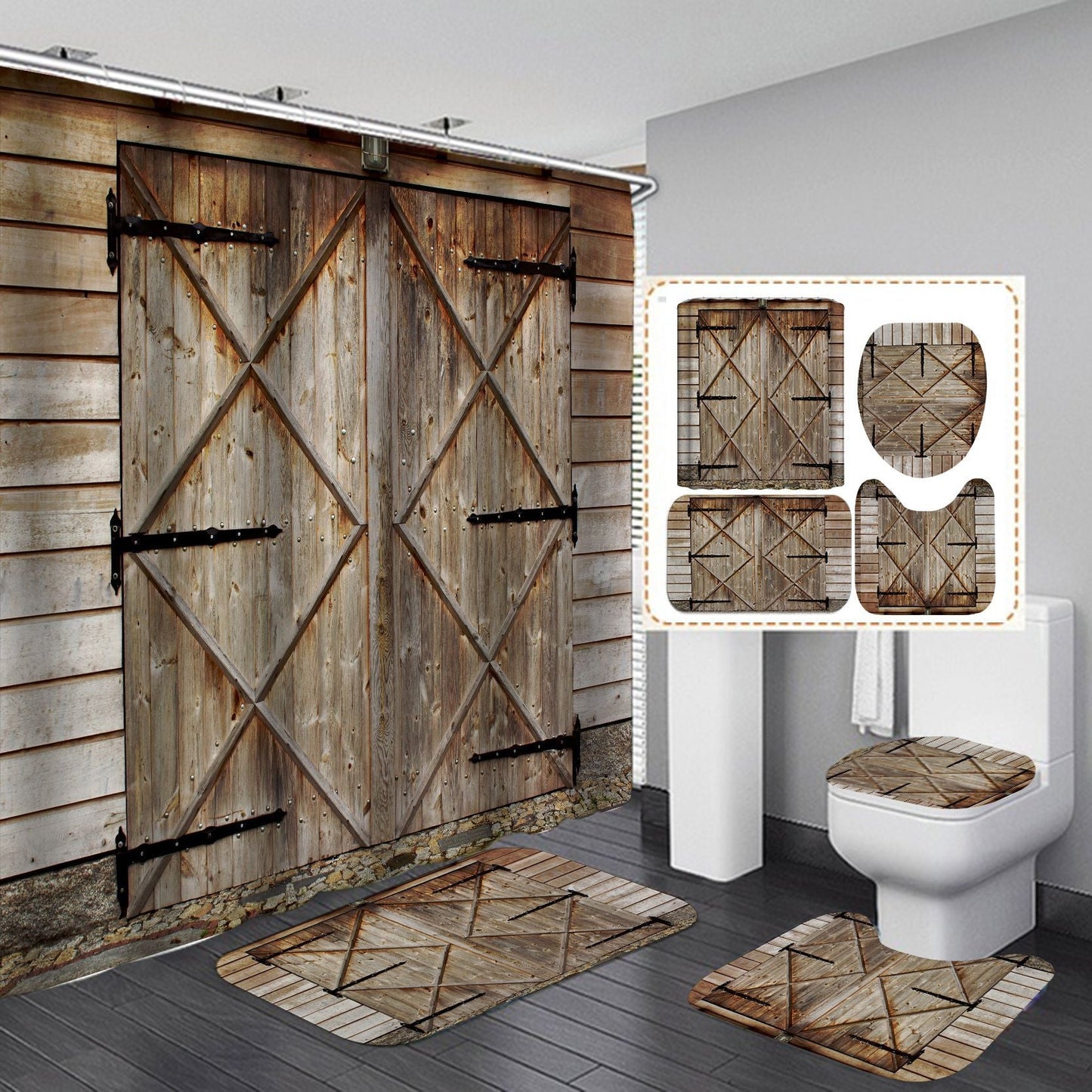 Vintage Wooden Door Design Shower Curtain Bathroom SetsNon-Slip Toilet Lid Cover-Shower Curtain-180×180cm Shower Curtain Only-2-Free Shipping at meselling99