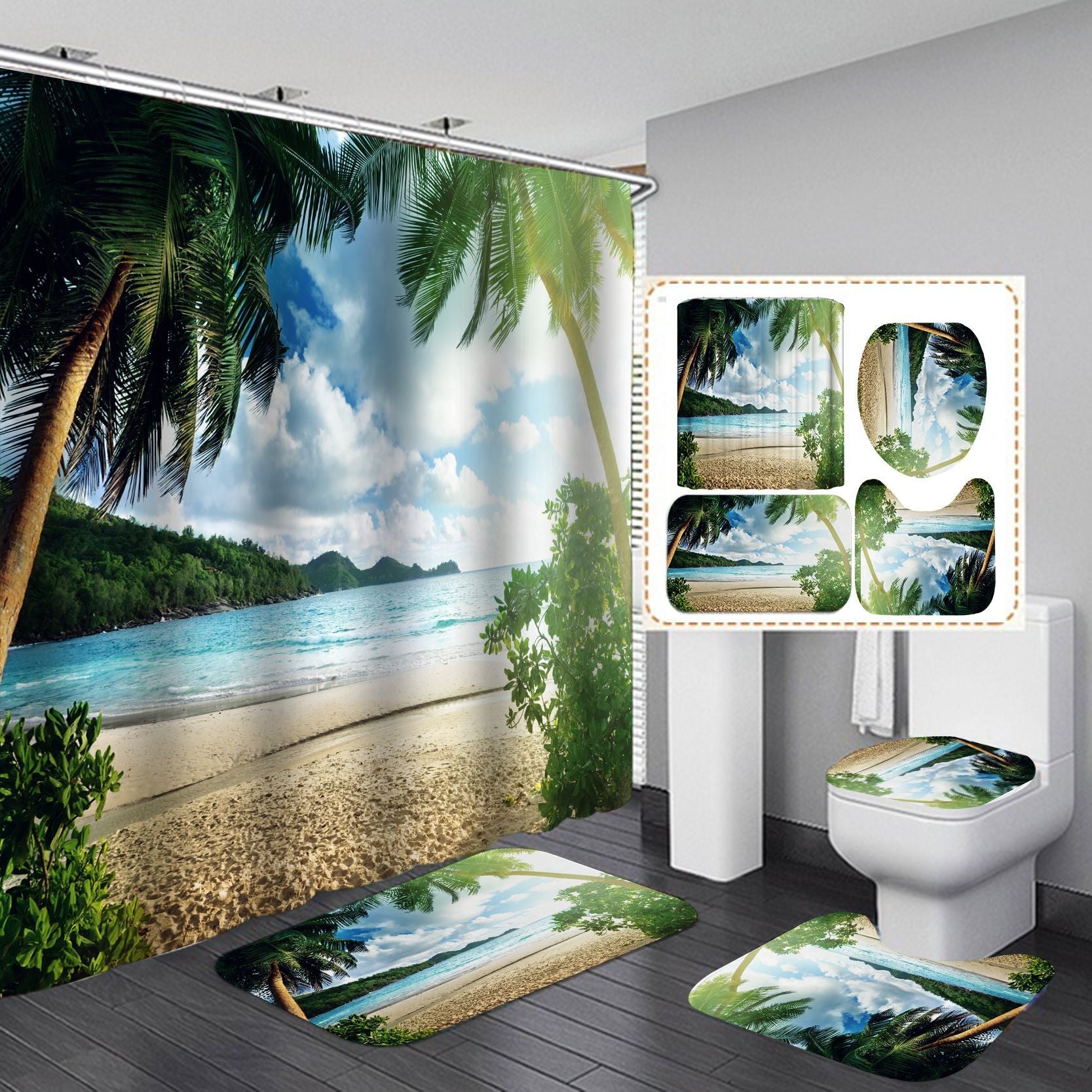 Seaside& 3D Palm Tree Shower Curtain Set Bathroom Rug Bath Mat Non-Slip Toilet Lid Cover-Shower Curtains-B-Shower Curtain+3Pcs Mat-Free Shipping at meselling99