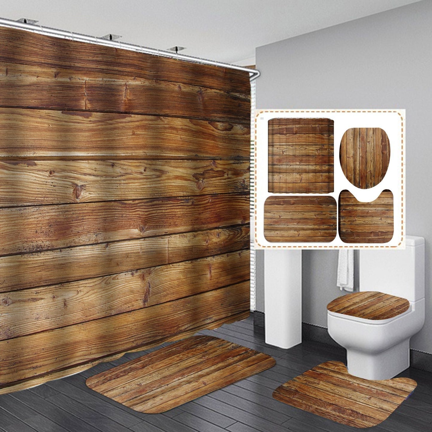 Vintage Wooden Door Design Shower Curtain Bathroom SetsNon-Slip Toilet Lid Cover-Shower Curtain-180×180cm Shower Curtain Only-3-Free Shipping at meselling99