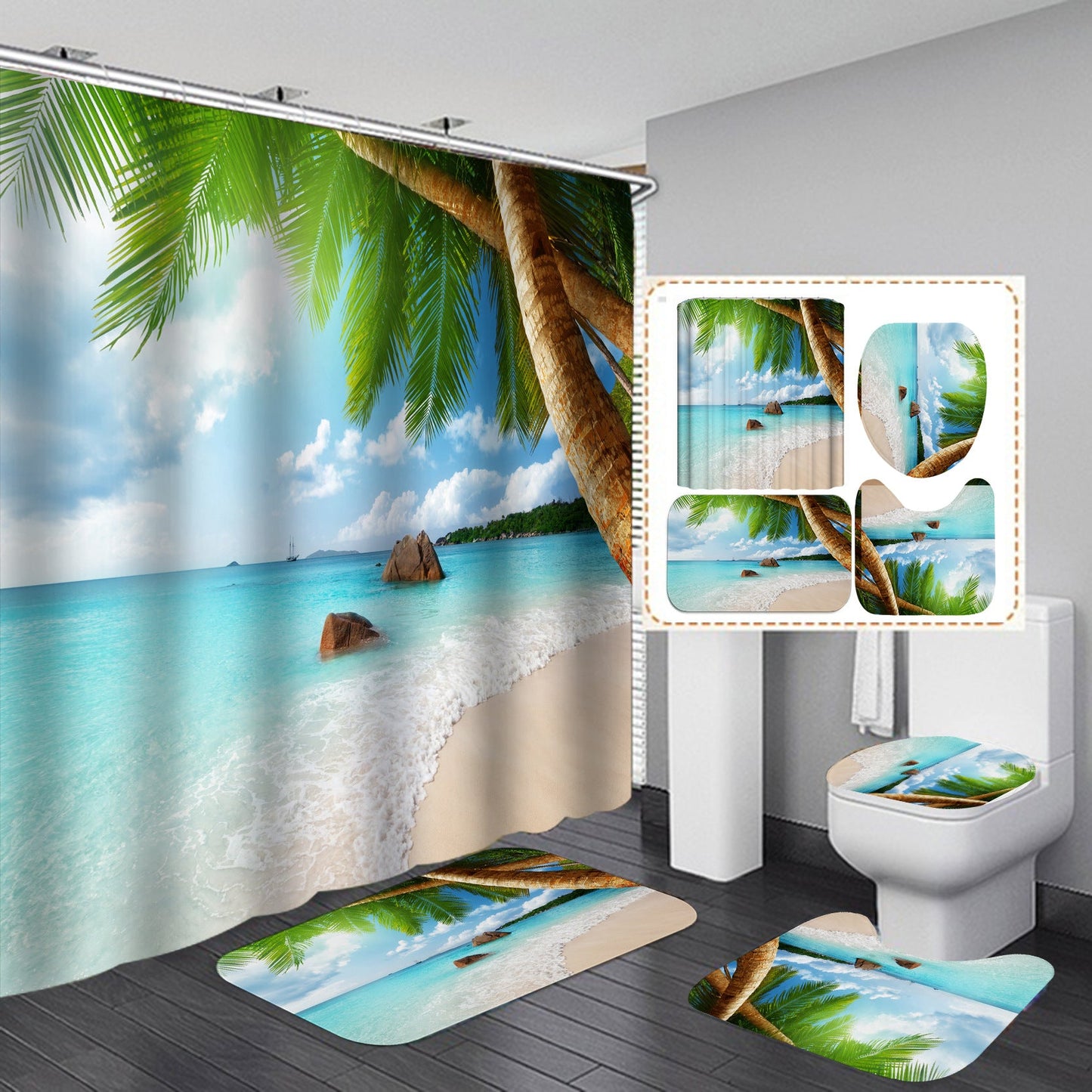 Seaside& 3D Palm Tree Shower Curtain Set Bathroom Rug Bath Mat Non-Slip Toilet Lid Cover-Shower Curtains-C-Shower Curtain+3Pcs Mat-Free Shipping at meselling99