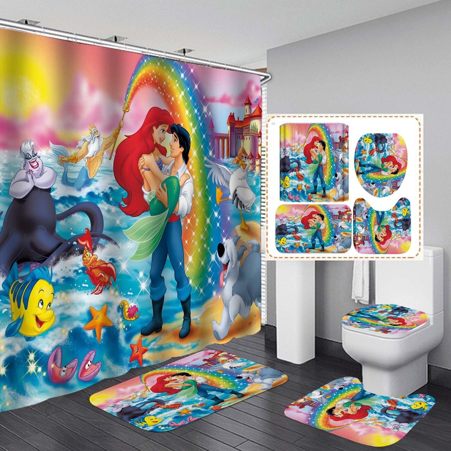 Cartoon Mermaid Design Shower Curtain Bathroom SetsNon-Slip Toilet Lid Cover-Shower Curtain-180×180cm Shower Curtain Only-3-Free Shipping at meselling99