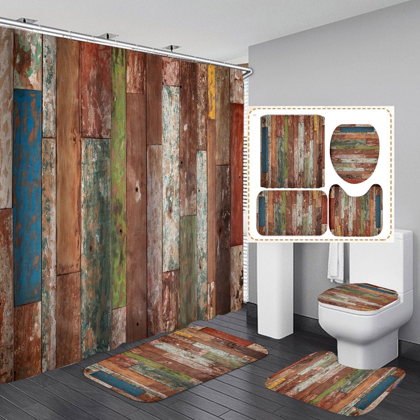 Vintage Wooden Door Design Shower Curtain Bathroom SetsNon-Slip Toilet Lid Cover-Shower Curtain-180×180cm Shower Curtain Only-4-Free Shipping at meselling99