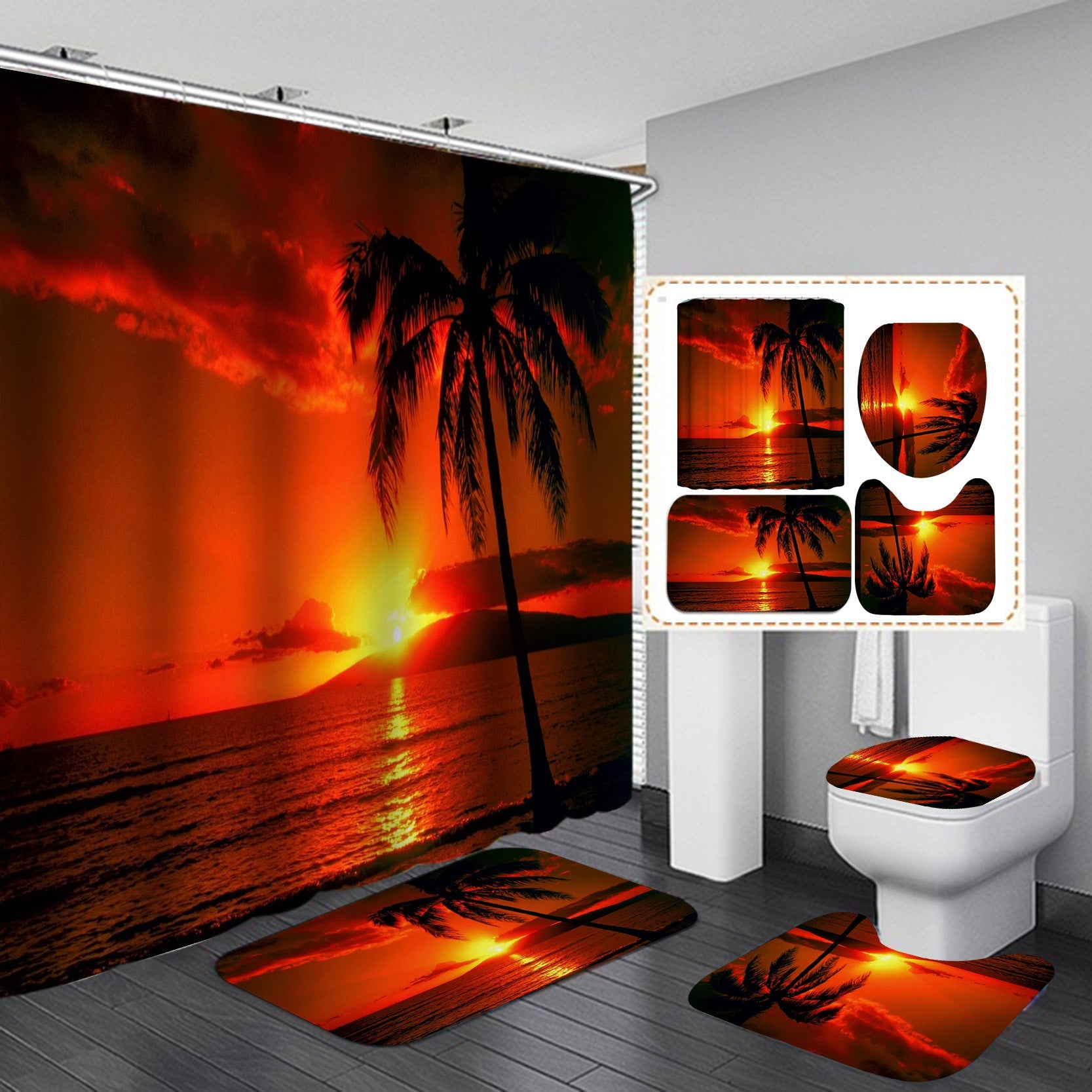 Seaside& 3D Palm Tree Shower Curtain Set Bathroom Rug Bath Mat Non-Slip Toilet Lid Cover-Shower Curtains-D-Shower Curtain+3Pcs Mat-Free Shipping at meselling99