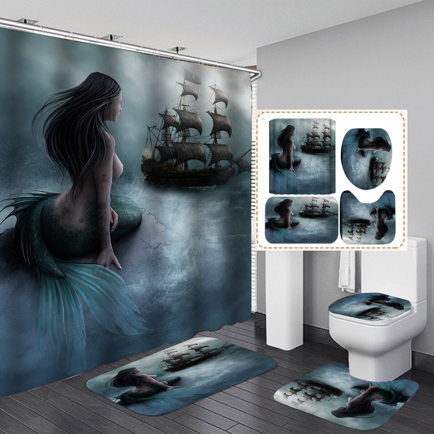 Cartoon Mermaid Design Shower Curtain Bathroom SetsNon-Slip Toilet Lid Cover-Shower Curtain-180×180cm Shower Curtain Only-4-Free Shipping at meselling99