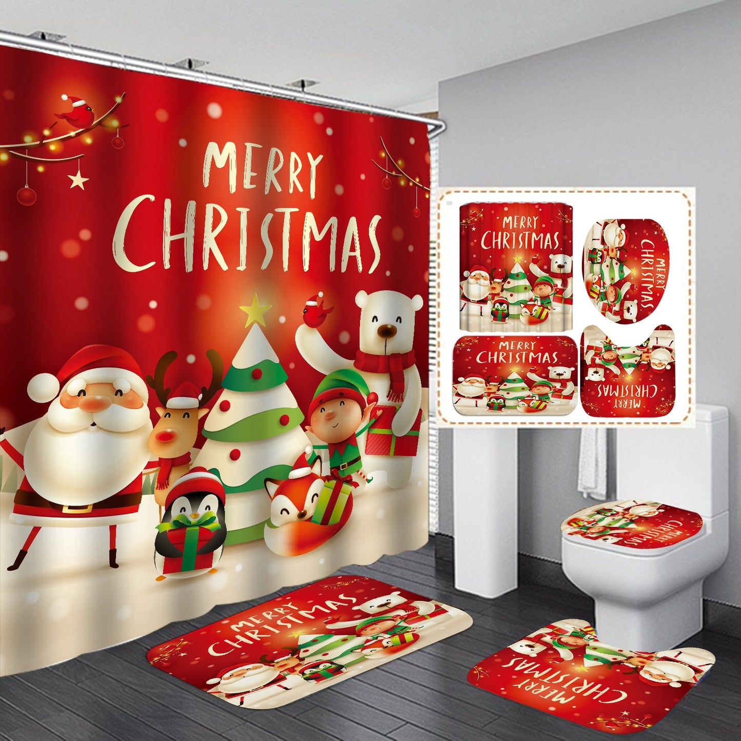 Happy Merry Christmas Shower Curtain Bathroom Sets Non-Slip Toilet Lid Cover-Shower Curtain-180×180cm Shower Curtain Only-4-Free Shipping at meselling99