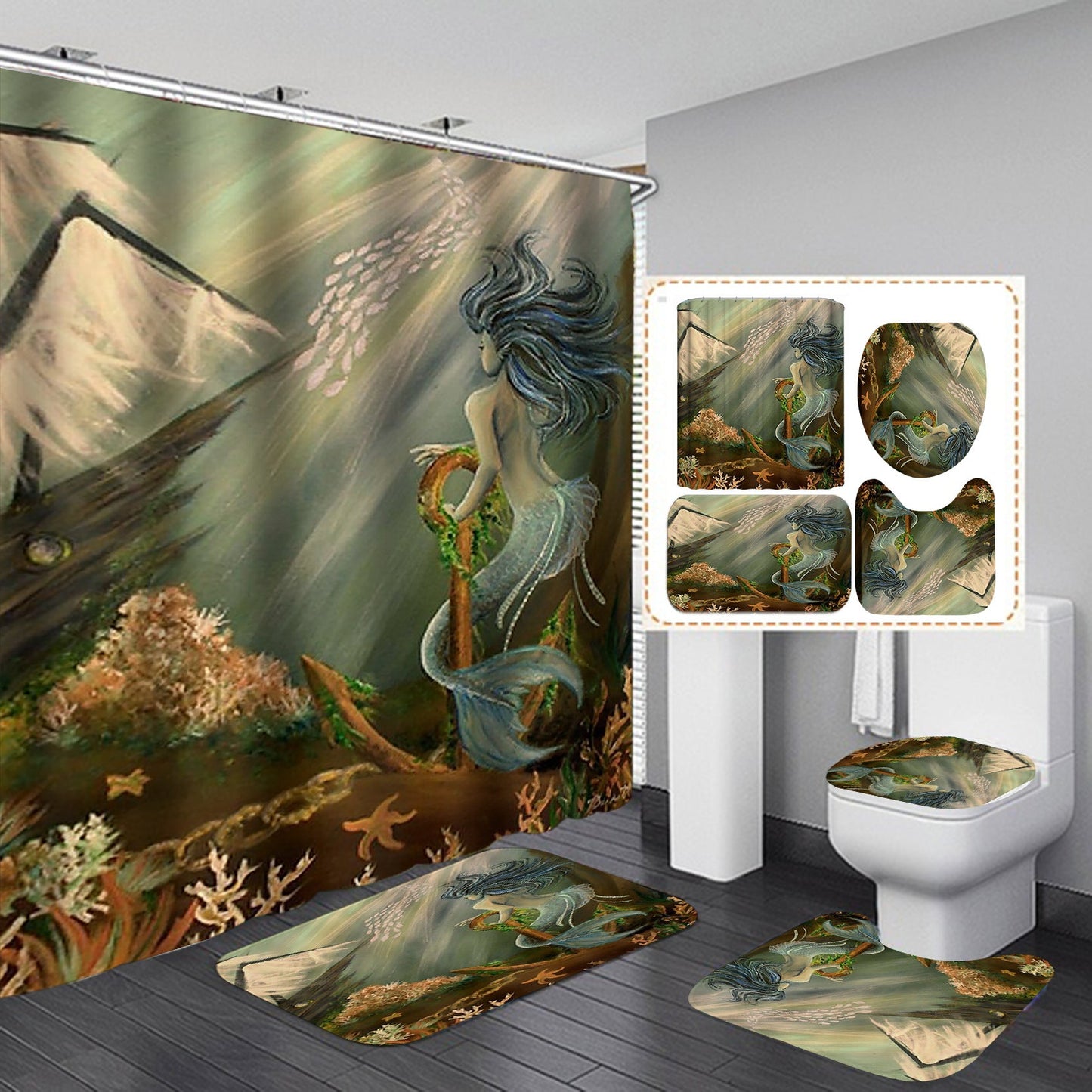 Cartoon Mermaid Design Shower Curtain Bathroom SetsNon-Slip Toilet Lid Cover-Shower Curtain-180×180cm Shower Curtain Only-5-Free Shipping at meselling99