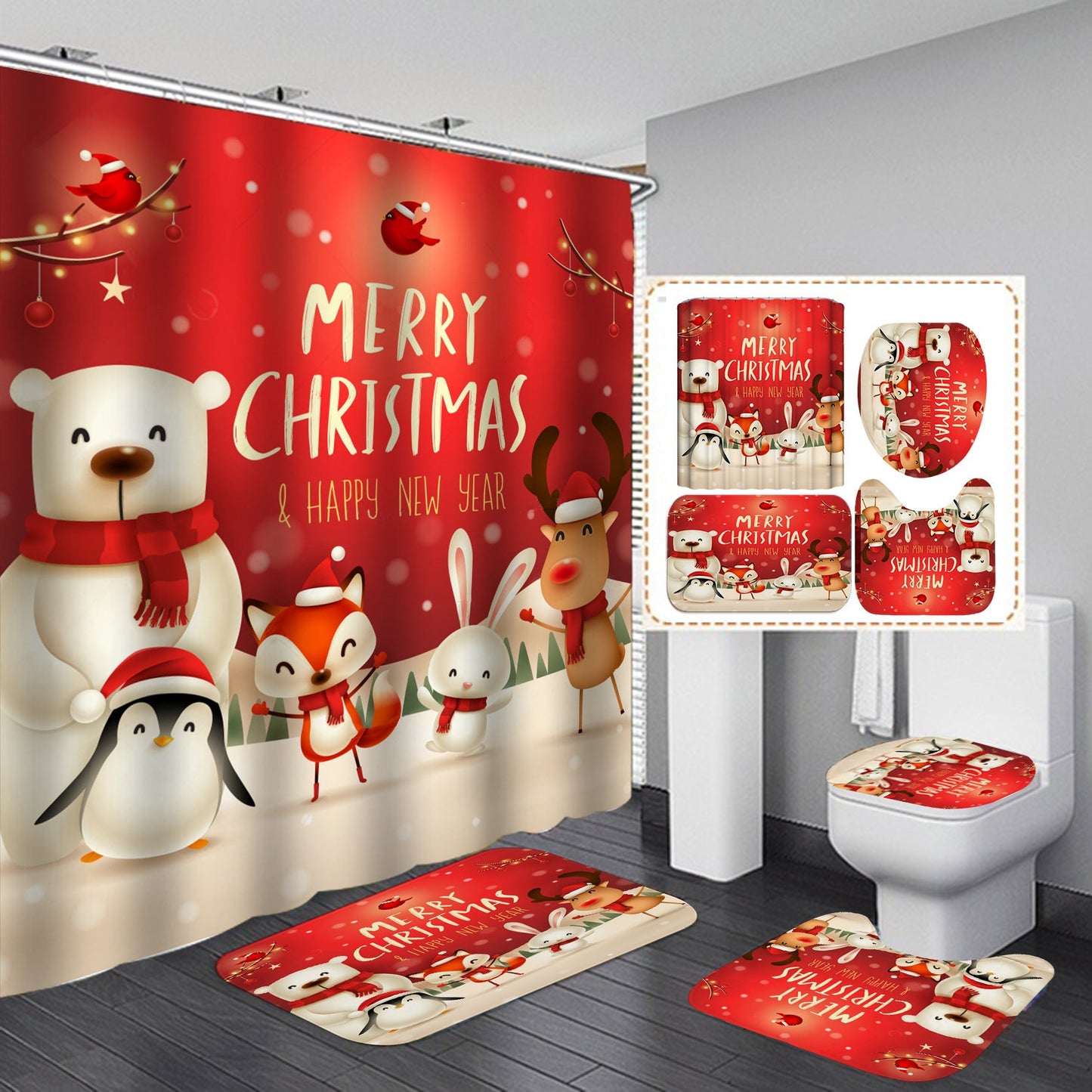 Happy Merry Christmas Shower Curtain Bathroom Sets Non-Slip Toilet Lid Cover-Shower Curtain-Free Shipping at meselling99