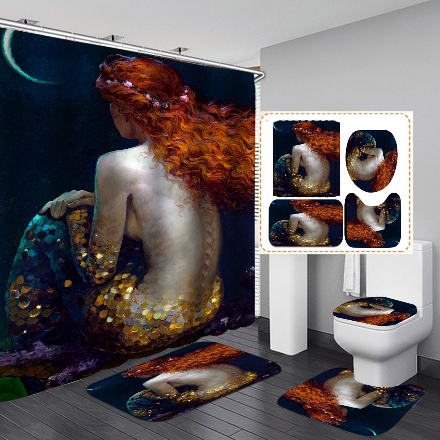 Cartoon Mermaid Design Shower Curtain Bathroom SetsNon-Slip Toilet Lid Cover-Shower Curtain-180×180cm Shower Curtain Only-6-Free Shipping at meselling99