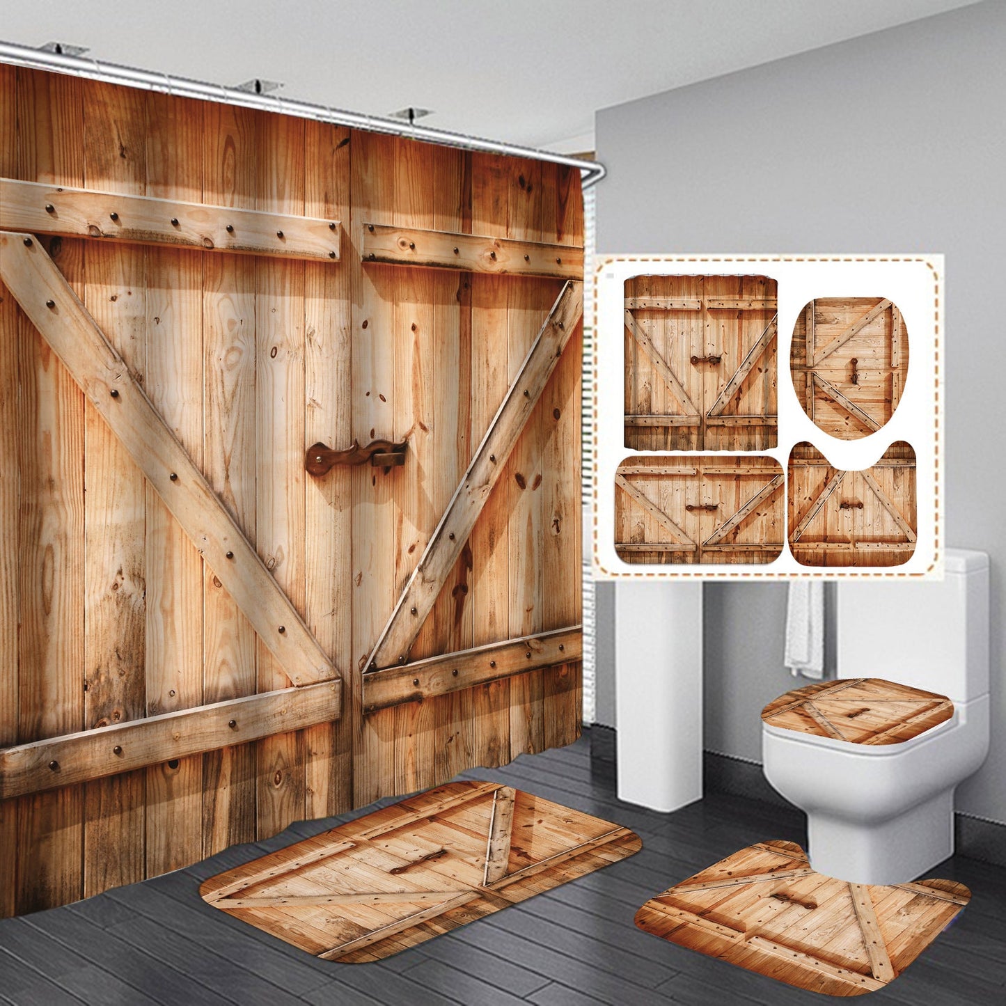 Vintage Wooden Door Design Shower Curtain Bathroom SetsNon-Slip Toilet Lid Cover-Shower Curtain-180×180cm Shower Curtain Only-7-Free Shipping at meselling99