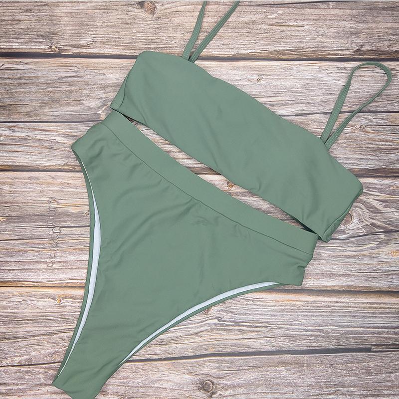 Beach Plain High Rise Triangle Bikinis Sets For Summer Beach Vacation-Swimwear-S-Army Green-Free Shipping at meselling99