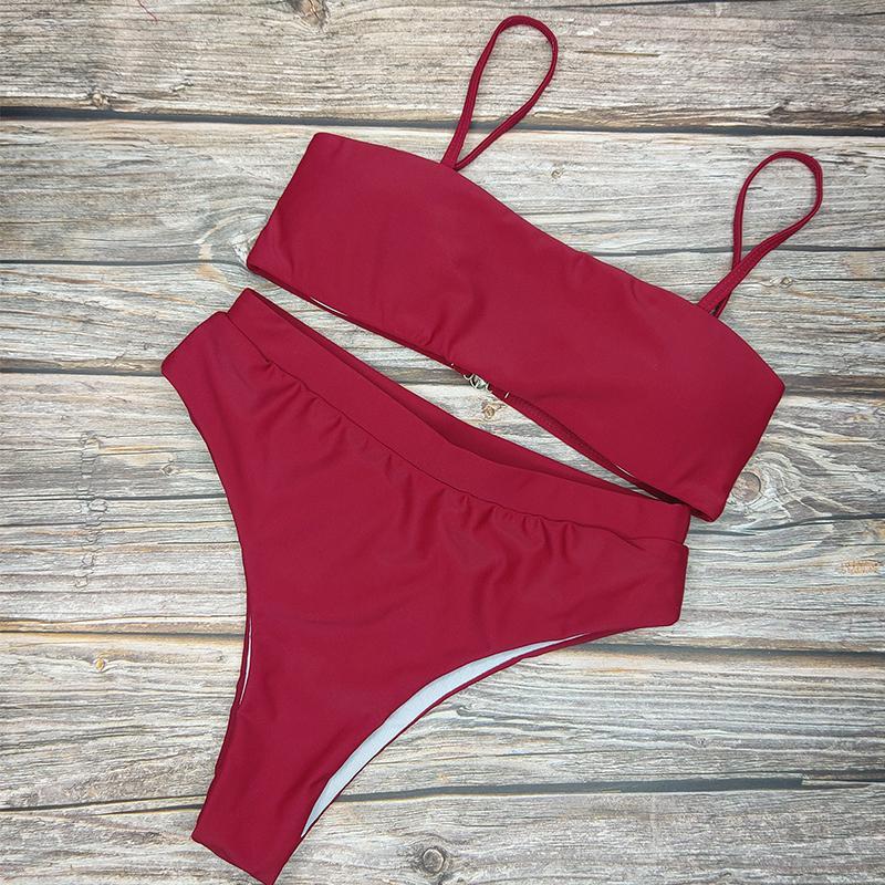 Beach Plain High Rise Triangle Bikinis Sets For Summer Beach Vacation-Swimwear-S-Red-Free Shipping at meselling99