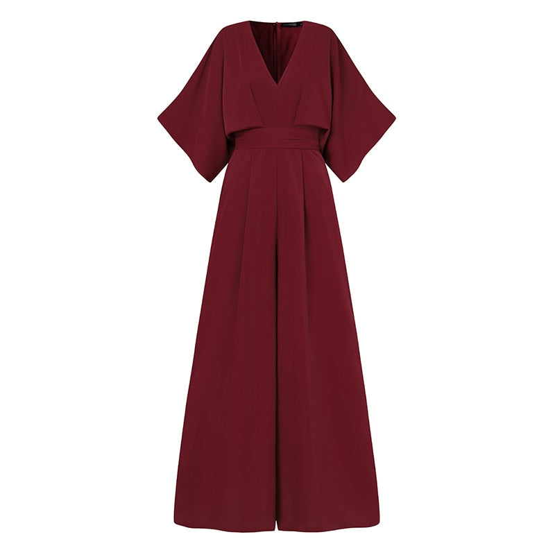 Elegant V Neck Office Lady Plus Size Women Rompers-S-Wine Red-Free Shipping at meselling99
