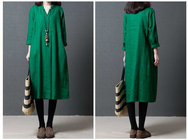 Vintage Linen Women V Neck Long Shirt Dresses-Dresses-Free Shipping at meselling99