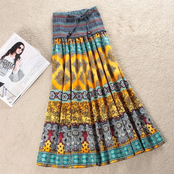 Fashion Elastic Waist Bohemian Style Floral Women Skirt-Maxi Dresses-Yellow-Free Shipping at meselling99