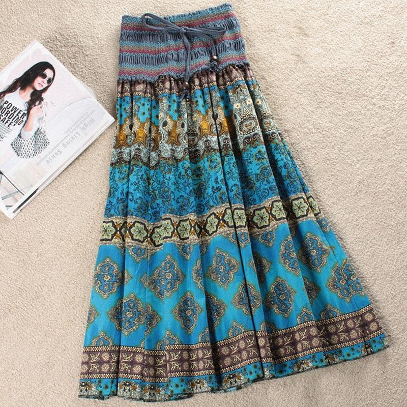 Fashion Elastic Waist Bohemian Style Floral Women Skirt-Maxi Dresses-Blue-Free Shipping at meselling99