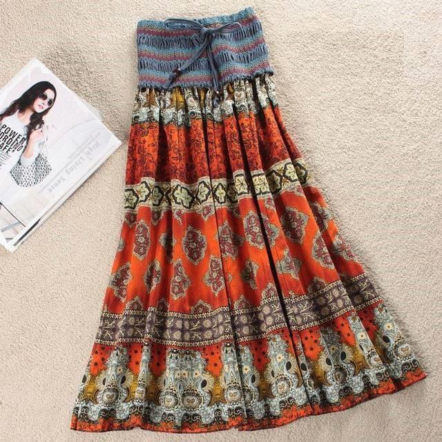 Fashion Elastic Waist Bohemian Style Floral Women Skirt-Maxi Dresses-Orange-Free Shipping at meselling99