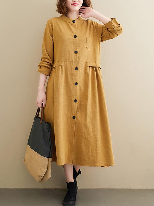 Meselling99 Loose A-Line Comfortable Long Sleeves Dress-Midi Dress-YELLOW-L-Free Shipping at meselling99