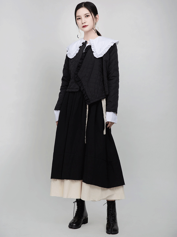 Original Black Asymmetric Rhombic Vintage Cotton-Padded Coat