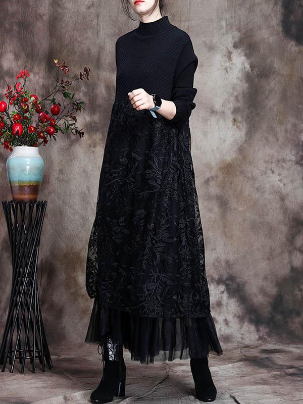 Original Lace Split-Joint Knitting Dress-Midi Dress-Free Shipping at meselling99