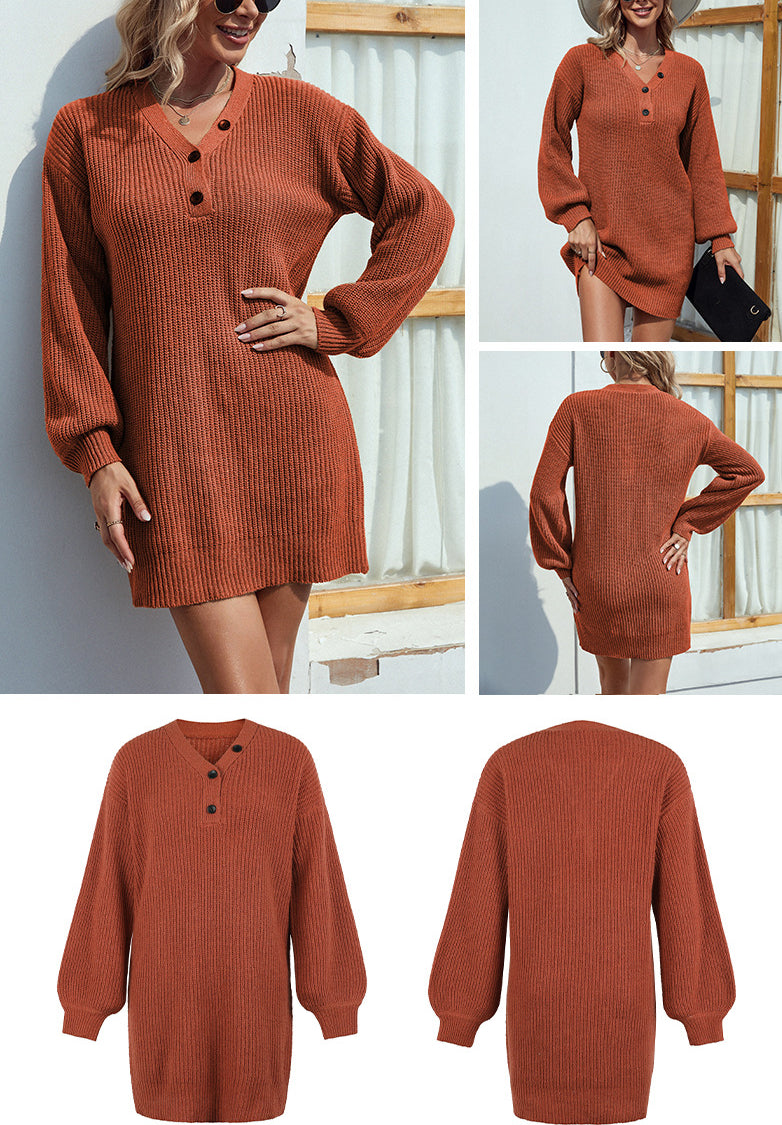Fashion V Neck Fall Knitted Dresses-Dresses-Free Shipping at meselling99