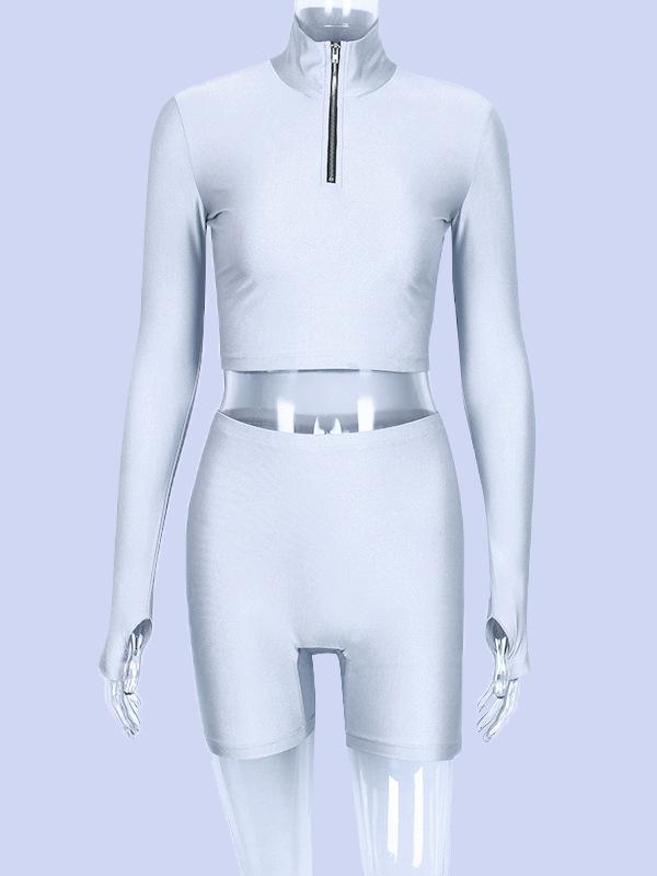 Solid Zipper Long Sleeves Tops And Shorts Suits-Yoga&Gym Suits-Free Shipping at meselling99