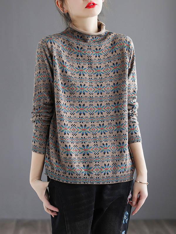 Original Floral High-Neck Knitting Sweater-Sweaters-CAMEL-FREE SIZE-Free Shipping at meselling99
