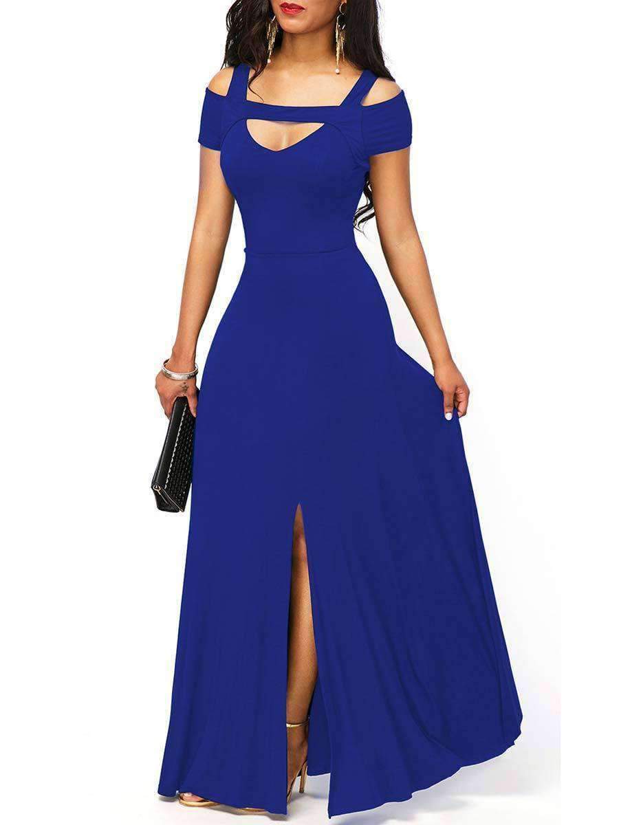Sexy Backless Square Neck Short Sleeve Maxi Dresses-Maxi Dresses-Blue-S-Free Shipping at meselling99