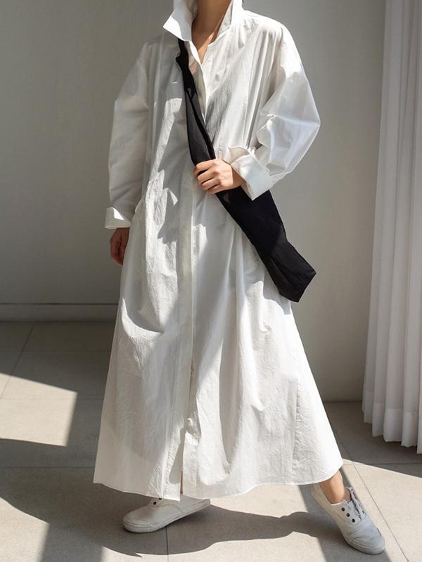 Meselling99 Urban White Lapel Long Shirt Dress-Maxi Dress-Free Shipping at meselling99