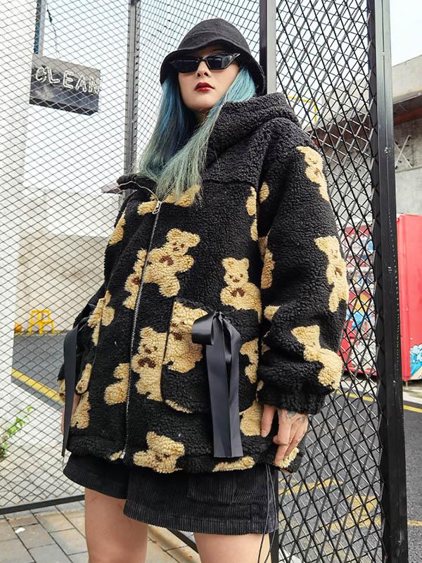 Zipper Bear Print Bowknot Elastics Hooded Lamb Wool Coat-Outwears-SAME AS PICTURE-FREE SIZE-Free Shipping at meselling99