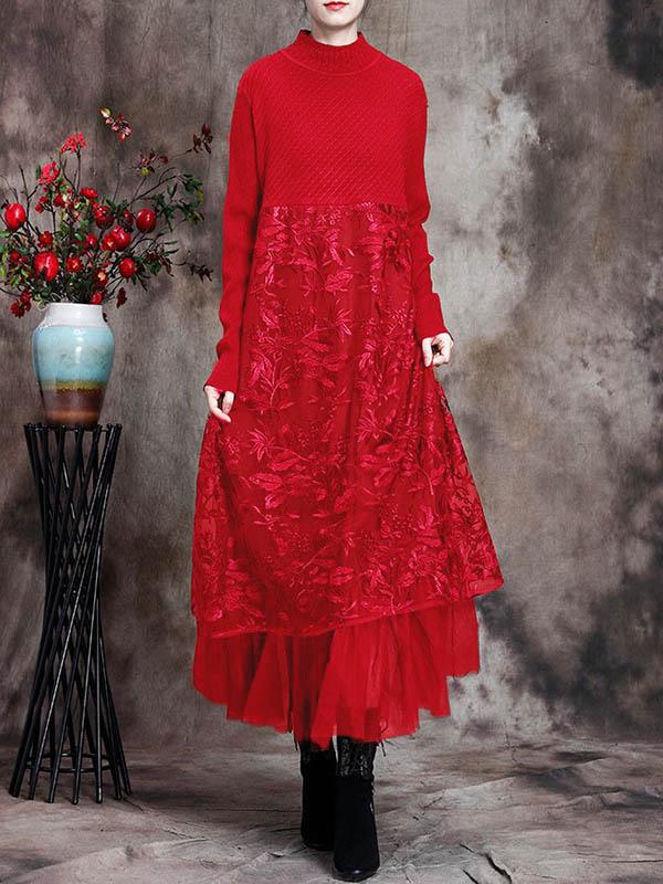 Original Lace Split-Joint Knitting Dress-Midi Dress-BRIGHT RED-FREE SIZE-Free Shipping at meselling99