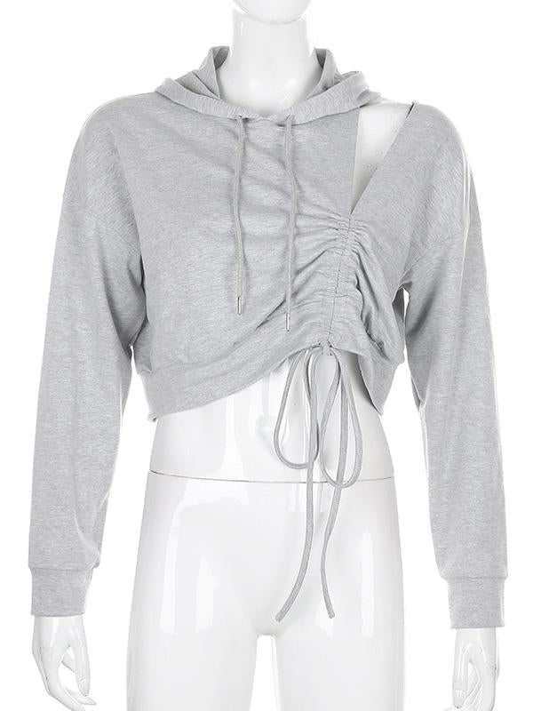 Meselling99 Solid Color Shoulder Cut Out Drawstring Exposed Navel Hoodies&Sweatshirt-Hoodies & Jackets-Free Shipping at meselling99