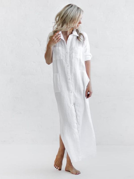 Meselling99 Simple Solid Split-Side Lapel Long Shirt Dress-Maxi Dress-WHITE-S-Free Shipping at meselling99